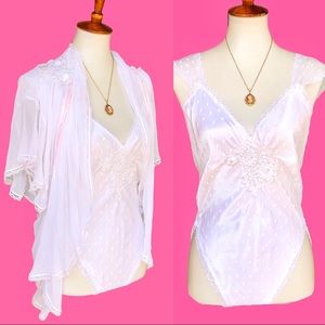 New! True Vintage💖70s/80s Two Piece Ivory Nylon Teddy & Sexy Sheer Coverup Set